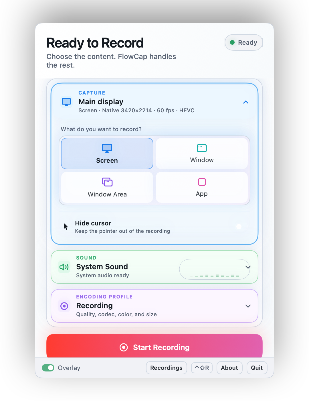FlowCap capture panel with screen, window, window area, and app recording options
